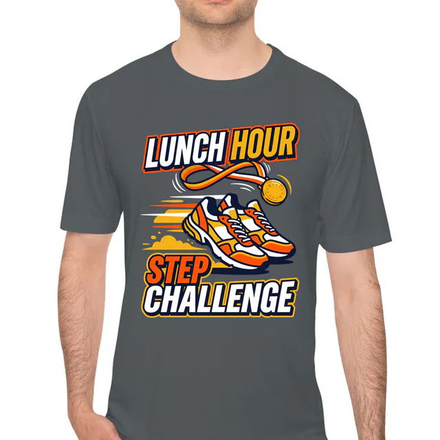 Racing sneakers under a gold medal, LUNCH HOUR STEP CHALLENGE, on an iron gray performance tee