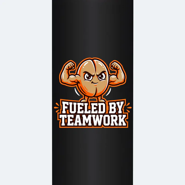 A flexing coffee bean, FUELED BY TEAMWORK, on a black steel tumbler