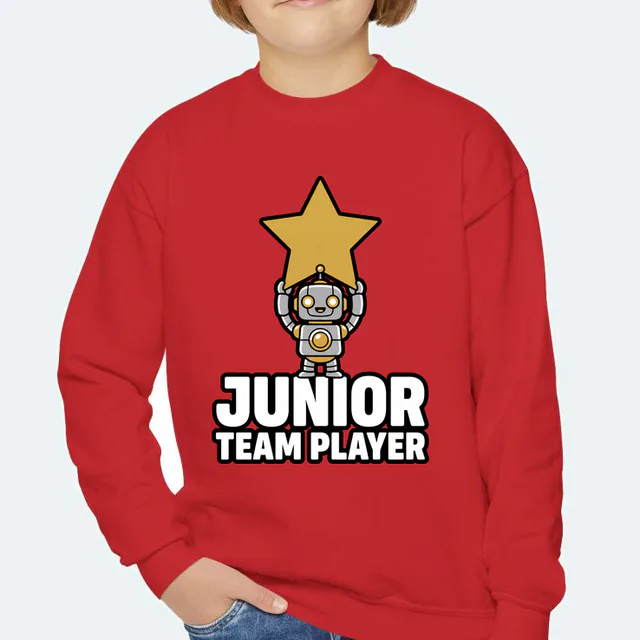 A robot lifting a gold star, JUNIOR TEAM PLAYER, on a red youth crewneck