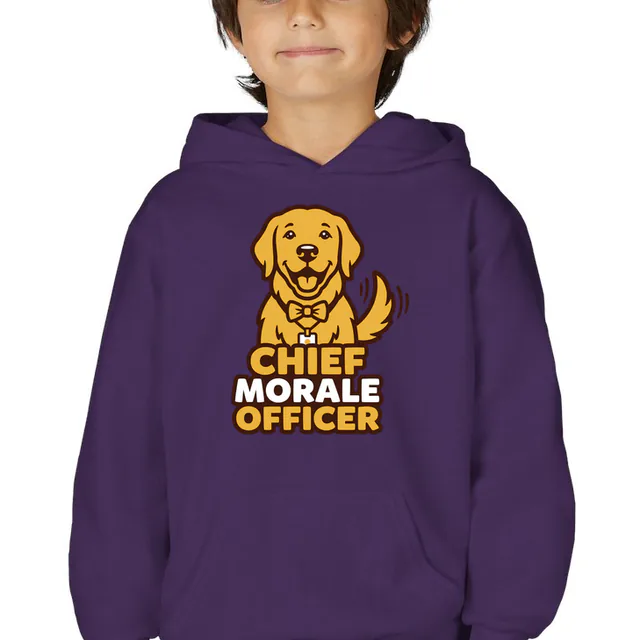 A golden retriever in a lanyard, CHIEF MORALE OFFICER, on a purple youth hoodie