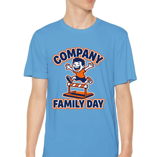 A kid leaping a hurdle for COMPANY FAMILY DAY, on a carolina blue youth performance tee