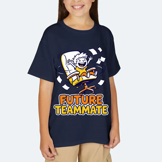 A kid spinning in an office chair, FUTURE TEAMMATE, on a navy youth t-shirt