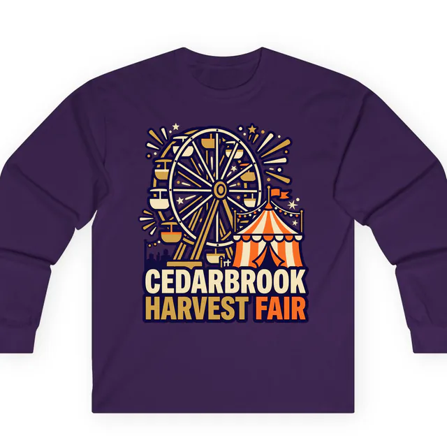 A lit Ferris wheel and a striped tent, CEDARBROOK HARVEST FAIR, on a purple adult long sleeve
