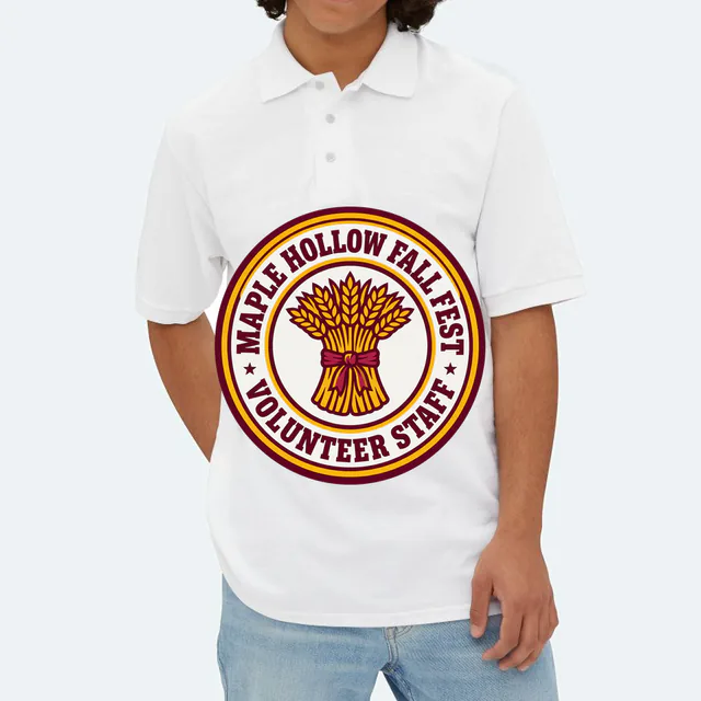 A wheat sheaf emblem for the Maple Hollow volunteers, on a white adult polo