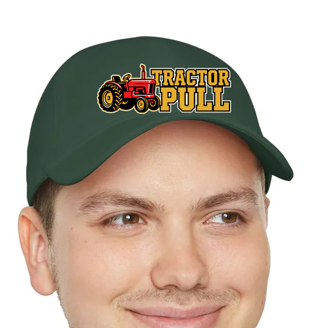 A little vintage tractor beside TRACTOR PULL, on a dark green dad hat