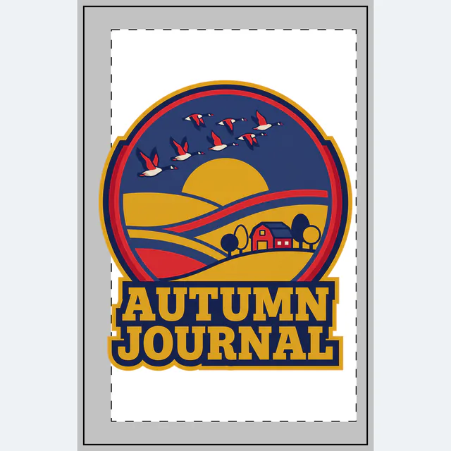 Geese flying south over a red barn, AUTUMN JOURNAL, on a white dotted notebook