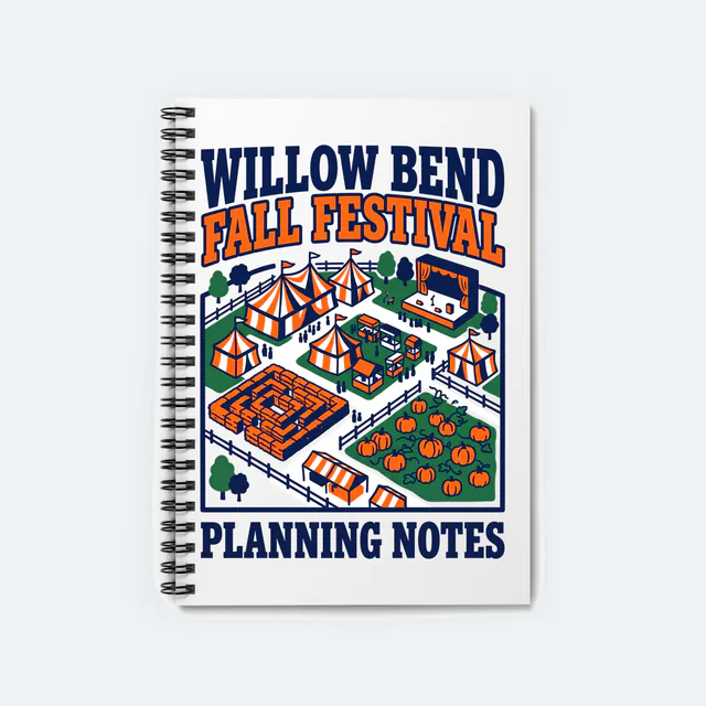 A festival ground from above, WILLOW BEND FALL FESTIVAL, on a white spiral notebook