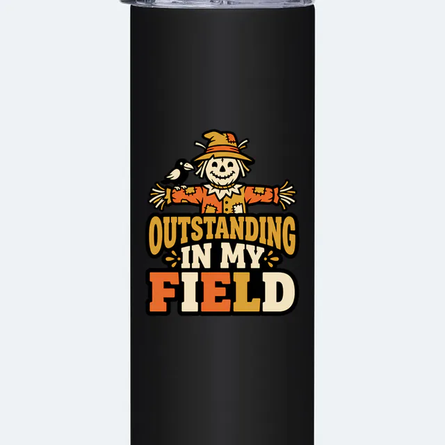 A scarecrow with a crow, OUTSTANDING IN MY FIELD, on a black steel tumbler