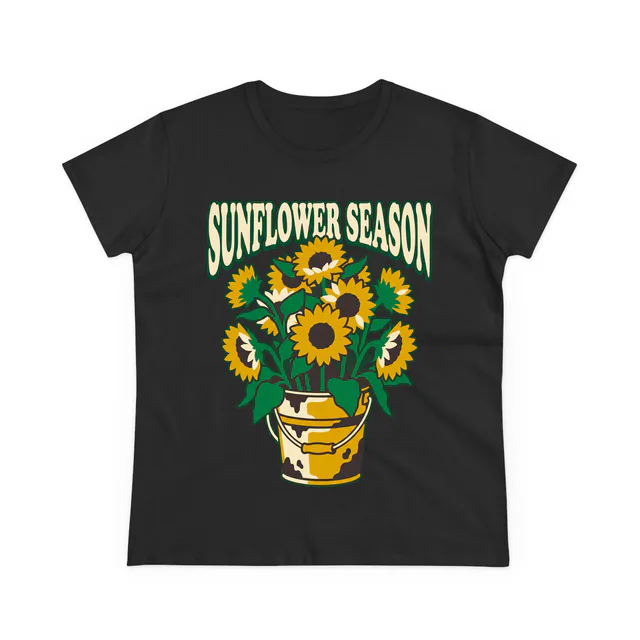 Sunflowers spilling from a rusty pail, SUNFLOWER SEASON, on a black women's t-shirt