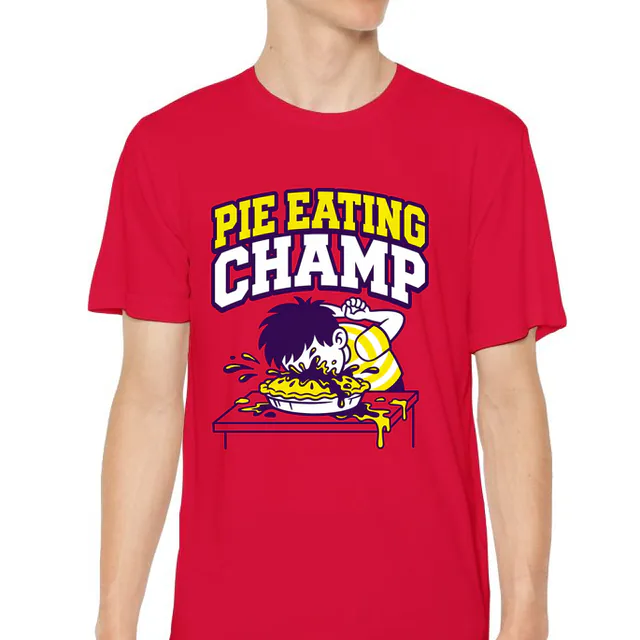 A kid face-first in a pie, PIE EATING CHAMP, on a red youth performance tee