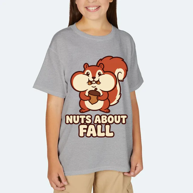 A squirrel with stuffed cheeks, NUTS ABOUT FALL, on a sport gray youth t-shirt