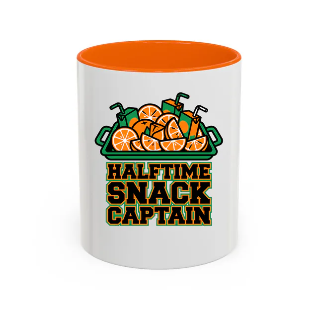 A tray of orange slices for the HALFTIME SNACK CAPTAIN, on an orange accent mug