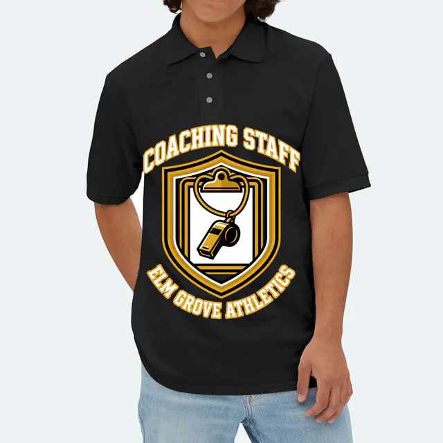 A whistle and clipboard shield for Elm Grove coaching staff, on a black adult polo