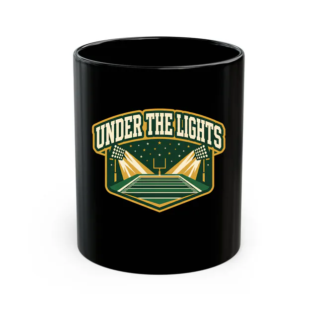 Stadium lights blazing over the field, UNDER THE LIGHTS, on a black mug