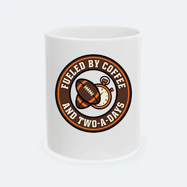 FUELED BY COFFEE AND TWO-A-DAYS on a football badge, on a white ceramic mug