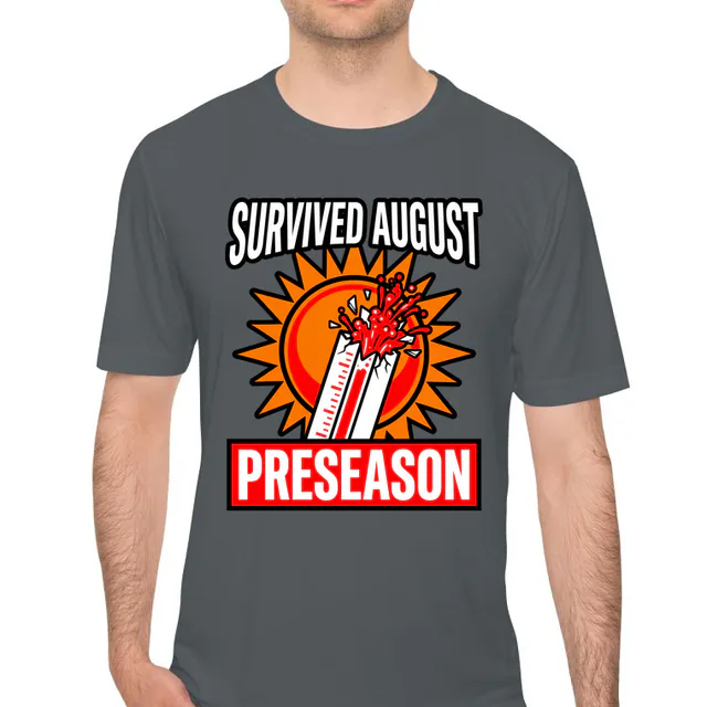 A thermometer bursting in the sun, SURVIVED AUGUST, on an iron gray performance tee