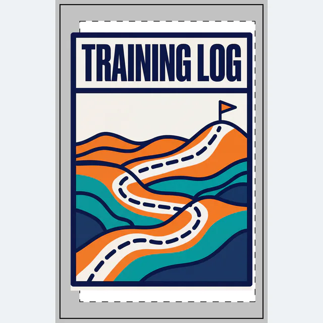 Contour lines and a dotted route to a flag, TRAINING LOG, on a white dotted notebook