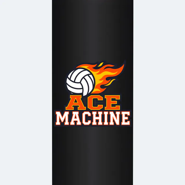 A flaming volleyball above ACE MACHINE, on a black steel tumbler