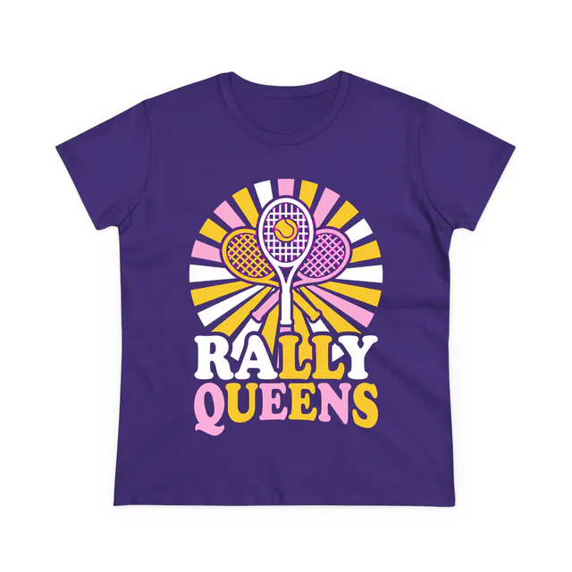 A racket and ball in a retro sunburst, RALLY QUEENS, on a purple women's t-shirt
