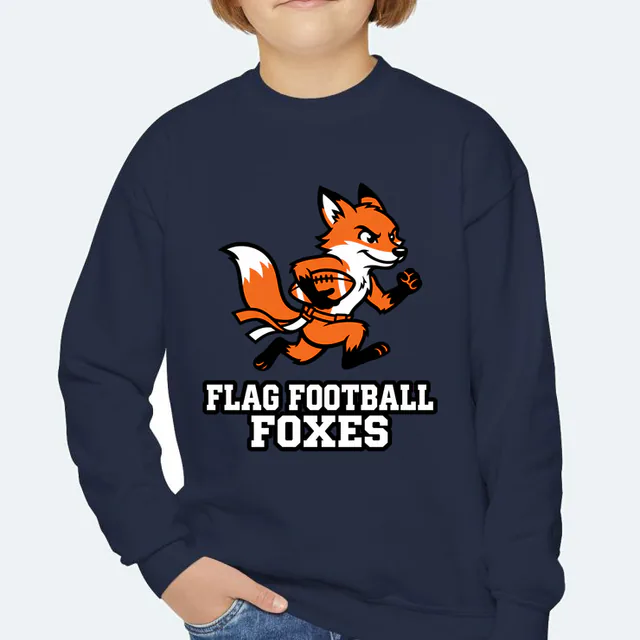 A sprinting fox with flags on its belt, FLAG FOOTBALL FOXES, on a navy youth crewneck
