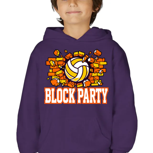 A volleyball smashing a brick wall, BLOCK PARTY, on a purple youth hoodie
