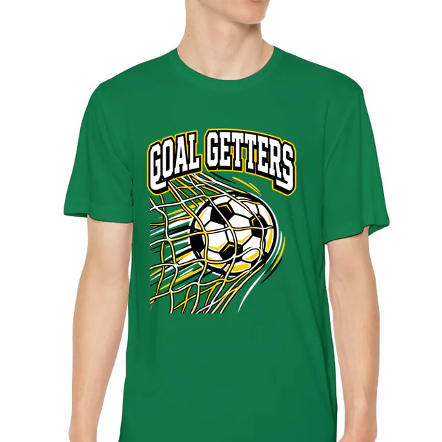 A ball bulging into the net, GOAL GETTERS, on a kelly green youth performance tee