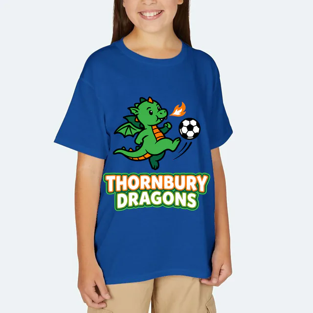 A little dragon kicking a soccer ball, THORNBURY DRAGONS, on a royal youth t-shirt