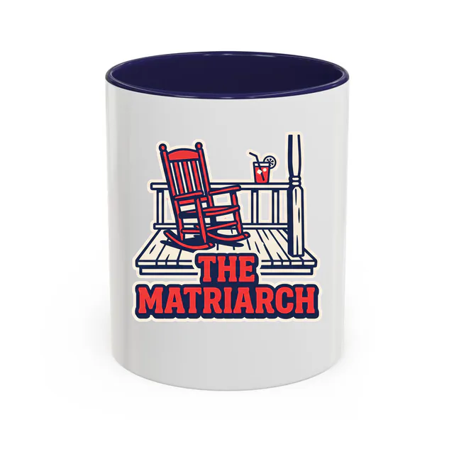 A rocking chair on the porch, THE MATRIARCH, on a navy accent mug
