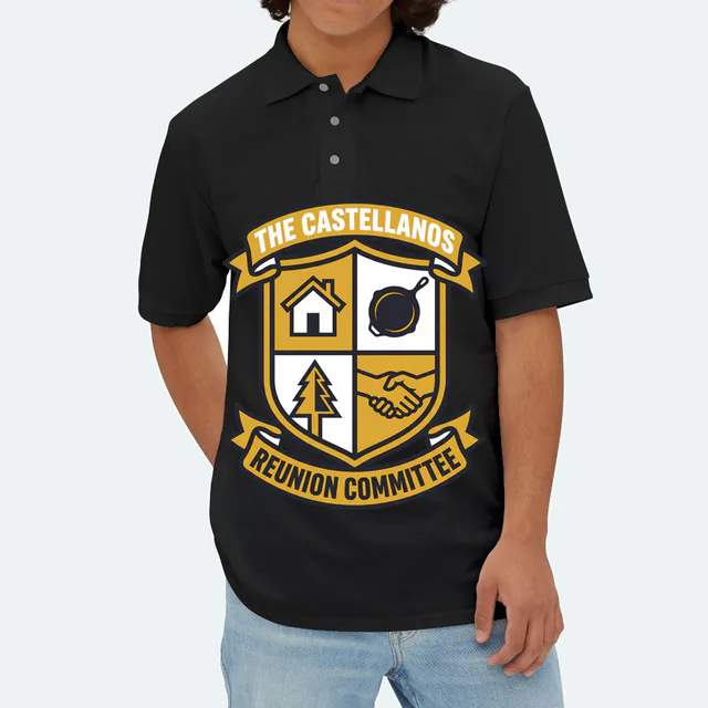 A quartered crest for the Castellanos reunion committee, on a black adult polo