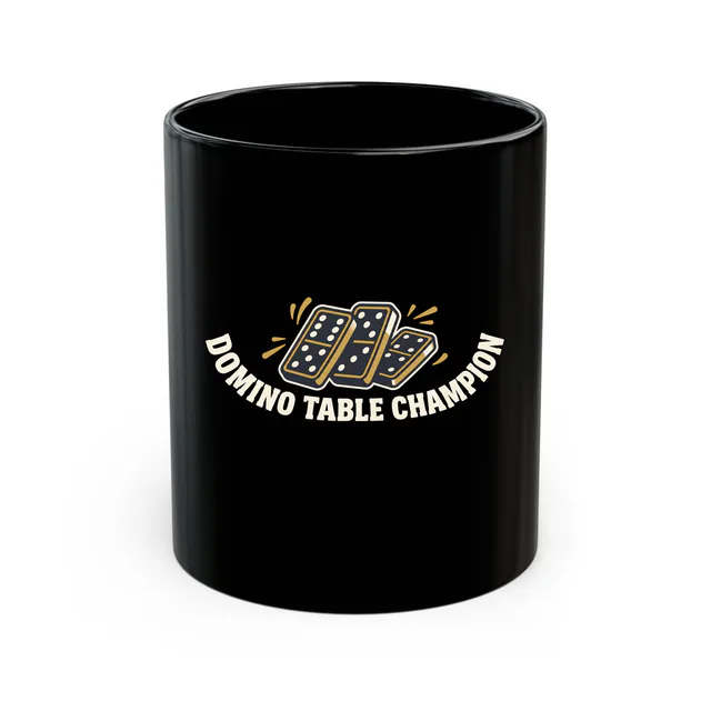 Dominoes about to topple, DOMINO TABLE CHAMPION, on a black mug