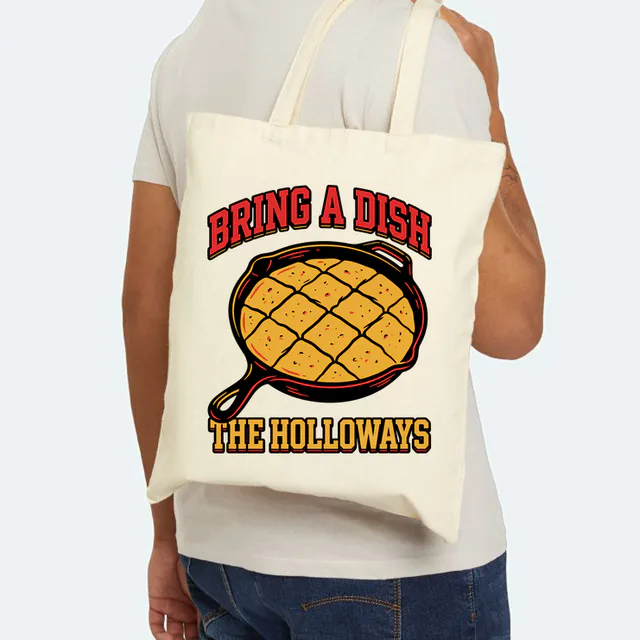 A skillet of cornbread for the Holloways, BRING A DISH, on a natural canvas tote