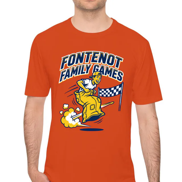 A sack racer at the finish for the Fontenot Family Games, on an orange performance tee