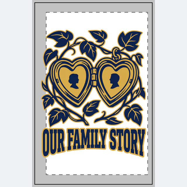An open locket framed by a vine, OUR FAMILY STORY, on a white dotted notebook