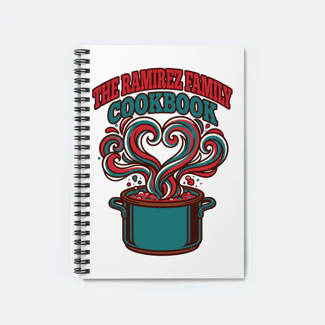 A pot steaming into a heart, THE RAMIREZ FAMILY COOKBOOK, on a white spiral notebook