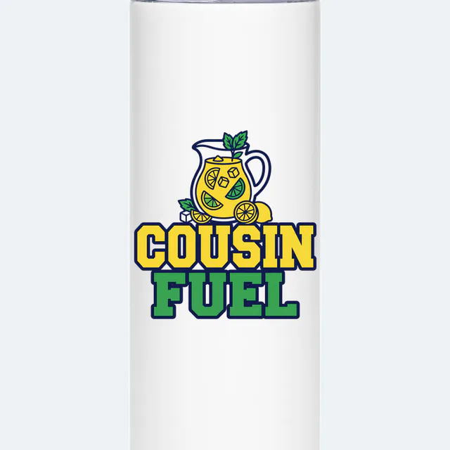 A pitcher of lemonade over COUSIN FUEL, on a white steel tumbler
