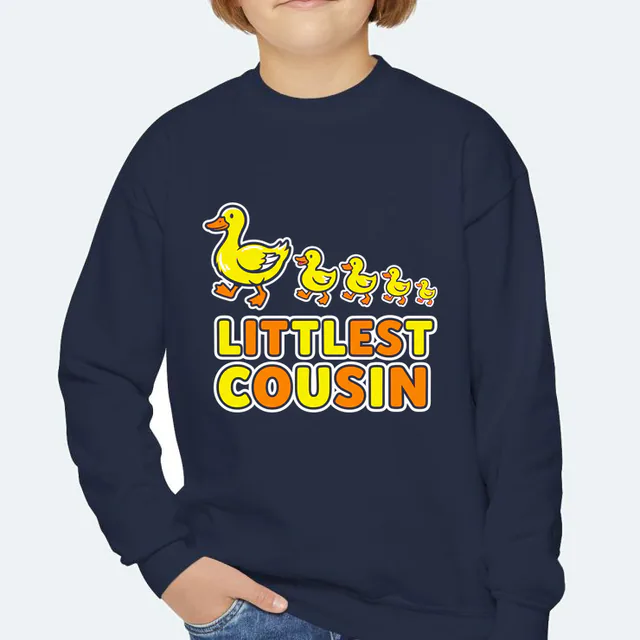 Ducks in a row down to a duckling, LITTLEST COUSIN, on a navy youth crewneck