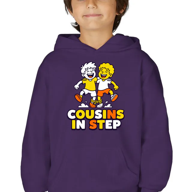 Two cousins in a three-legged race, COUSINS IN STEP, on a purple youth hoodie