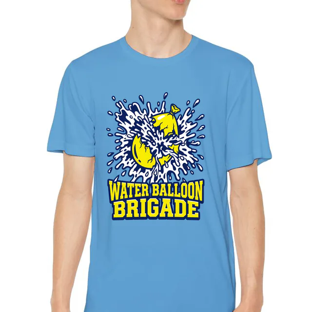 A bursting water balloon, WATER BALLOON BRIGADE, on a carolina blue youth performance tee