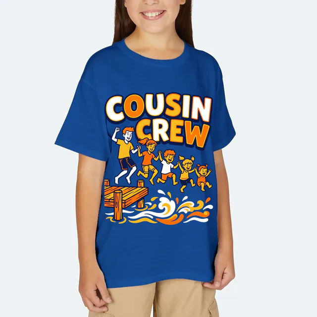 Cousins leaping off the dock together, COUSIN CREW, on a royal youth t-shirt