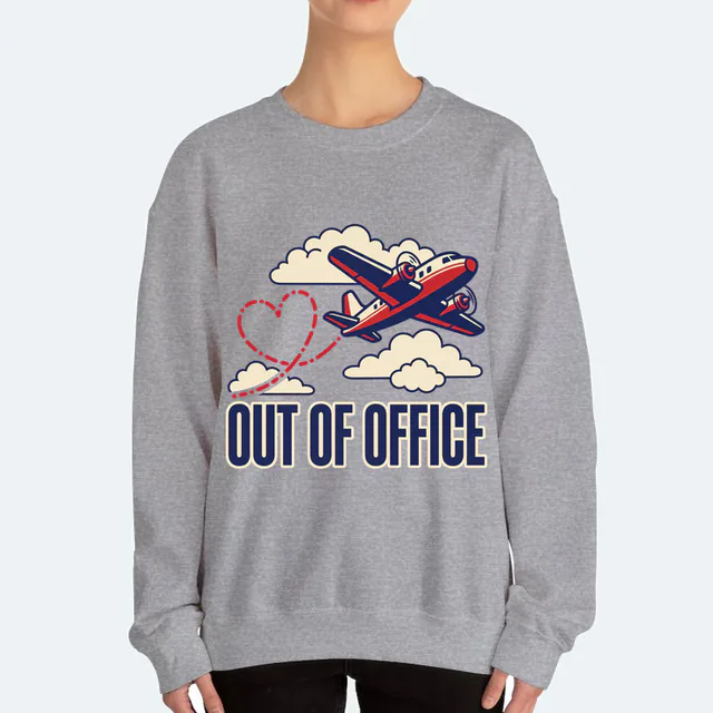 A plane looping a heart in the clouds, OUT OF OFFICE, on a sport gray adult crewneck