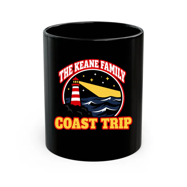 A lighthouse beam over the sea for the Keanes, COAST TRIP, on a black mug