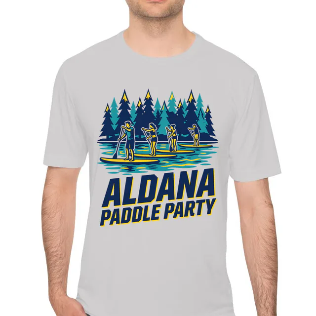 Paddleboarders in a line for the Aldana Paddle Party, on a silver performance tee