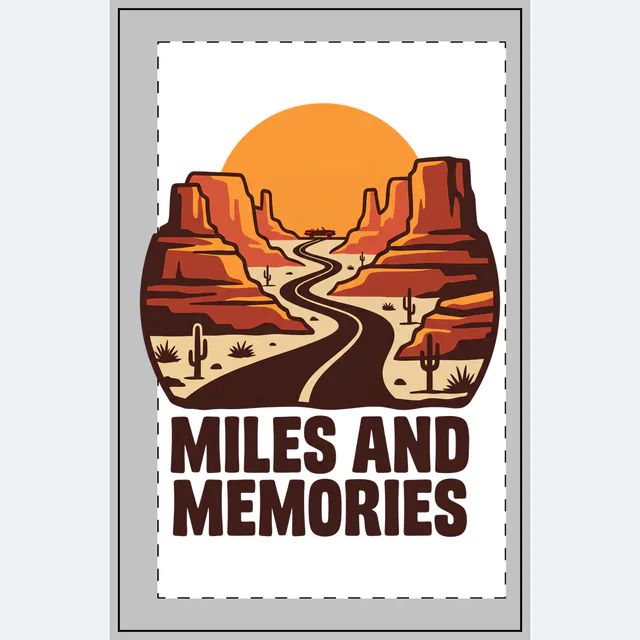 A desert highway at sunset, MILES AND MEMORIES, on a white dotted notebook