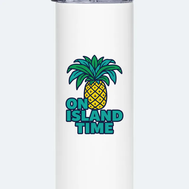 A tall pineapple over ON ISLAND TIME, on a white steel tumbler