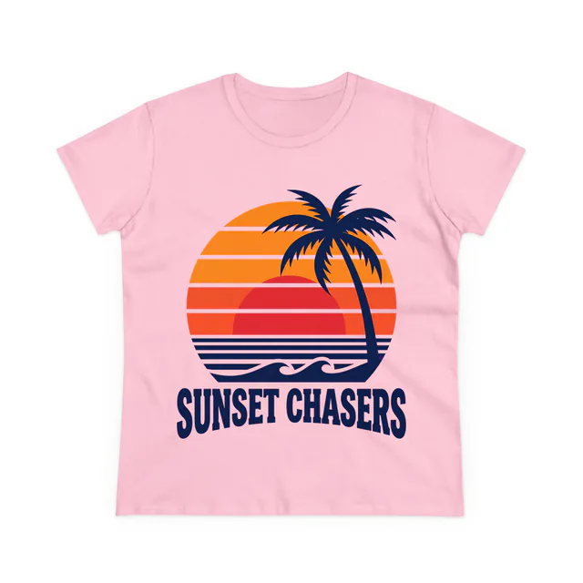 A striped sun setting behind a palm, SUNSET CHASERS, on a light pink women's t-shirt