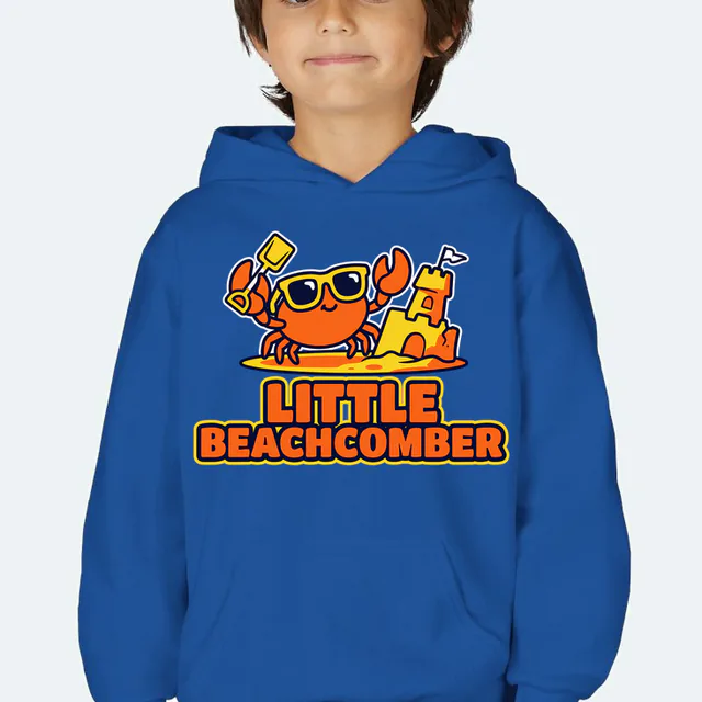 A crab with a shovel by a sandcastle, LITTLE BEACHCOMBER, on a royal youth hoodie