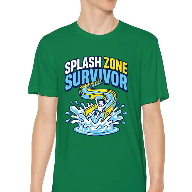 A kid on a twisting water slide, SPLASH ZONE SURVIVOR, on a kelly green youth performance tee