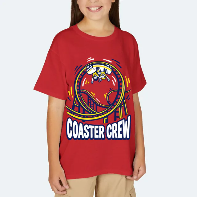 Kids at the top of a coaster loop, COASTER CREW, on a red youth t-shirt