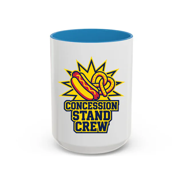 A crossed hot dog and pretzel, CONCESSION STAND CREW, on a blue accent mug