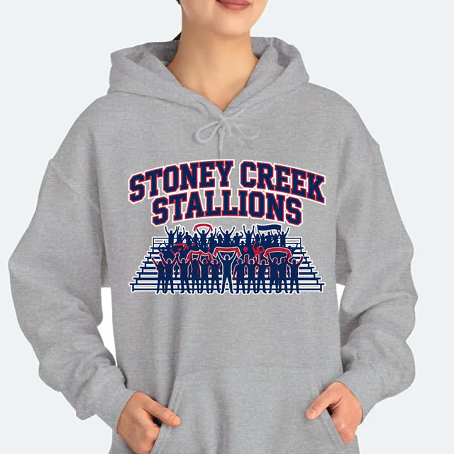 Packed bleachers of cheering fans for the Stoney Creek Stallions, on a sport gray adult hoodie